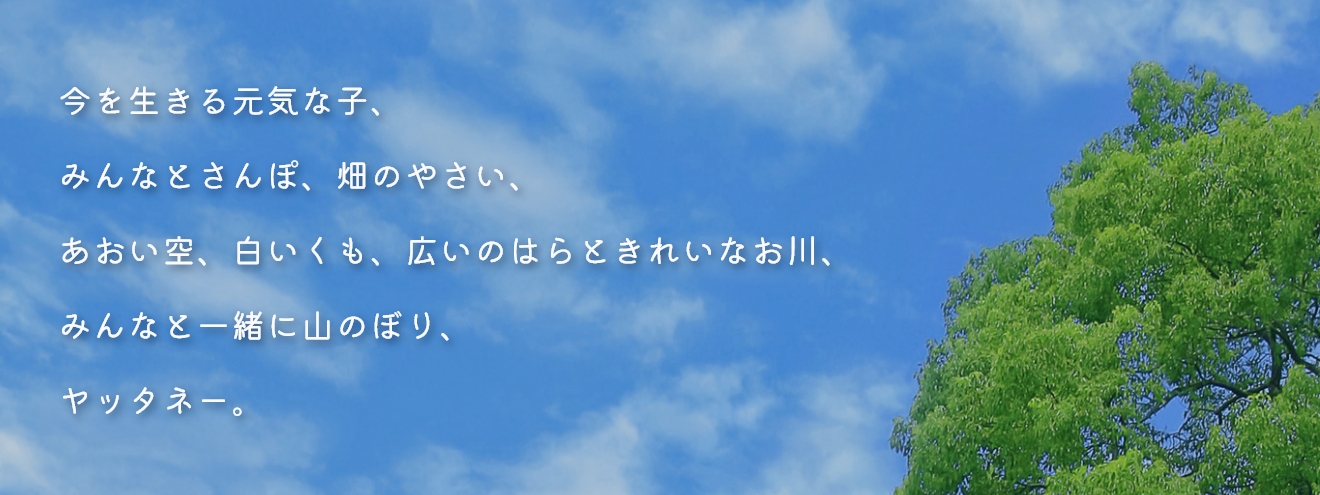 今を生きる元気な子、みんなとさんぽ、畑のやさい、あおい空、白いくも、広いのはらときれいなお川、みんなと一緒に山のぼり、ヤッタネー。