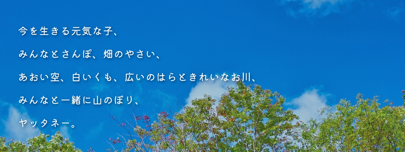 今を生きる元気な子、みんなとさんぽ、畑のやさい、あおい空、白いくも、広いのはらときれいなお川、みんなと一緒に山のぼり、ヤッタネー。