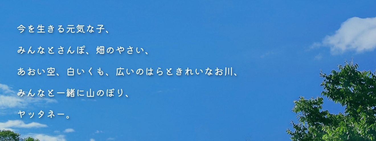 今を生きる元気な子、みんなとさんぽ、畑のやさい、あおい空、白いくも、広いのはらときれいなお川、みんなと一緒に山のぼり、ヤッタネー。